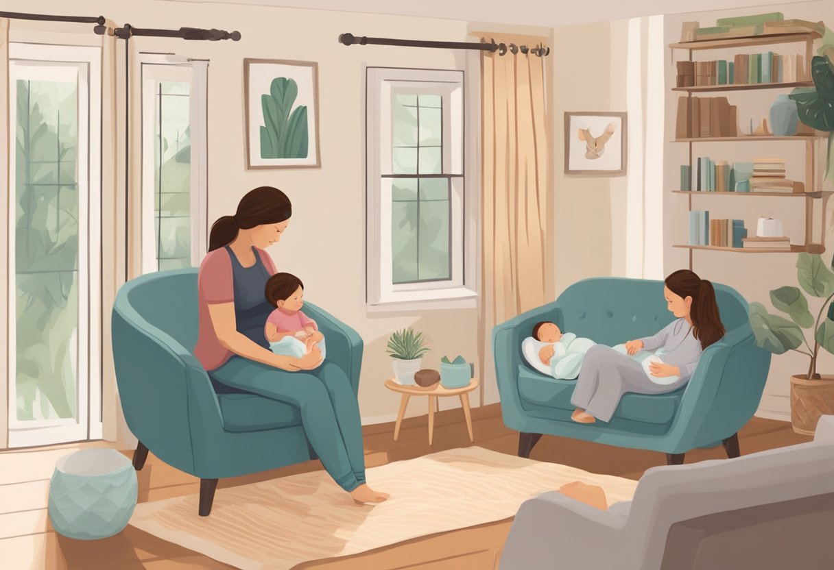 A postpartum doula supporting parents through the birth process, providing emotional and practical care in a cozy home setting