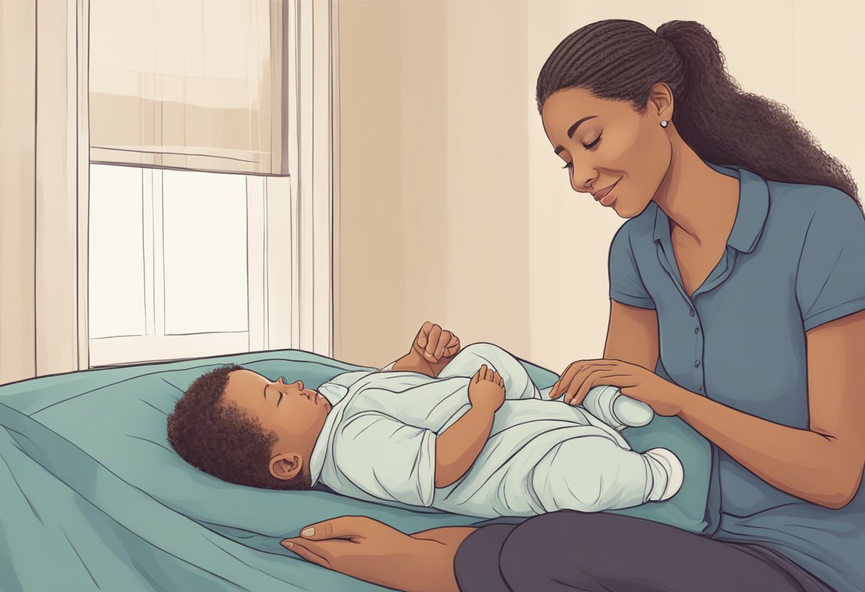 A postpartum doula gently guiding a new parent through caring for their newborn, offering emotional support and practical guidance