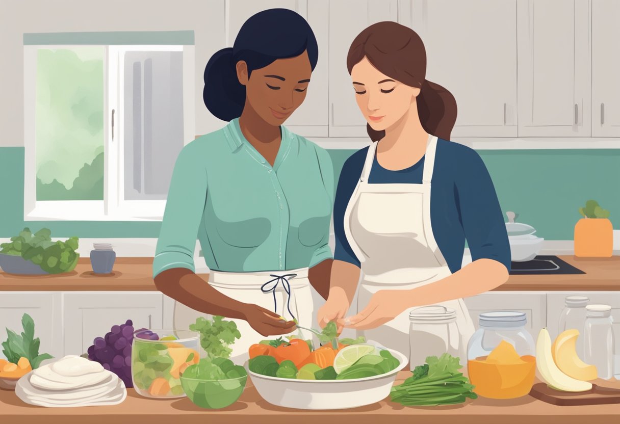 A postpartum doula prepares a nourishing meal for a new parent, while offering guidance and emotional support