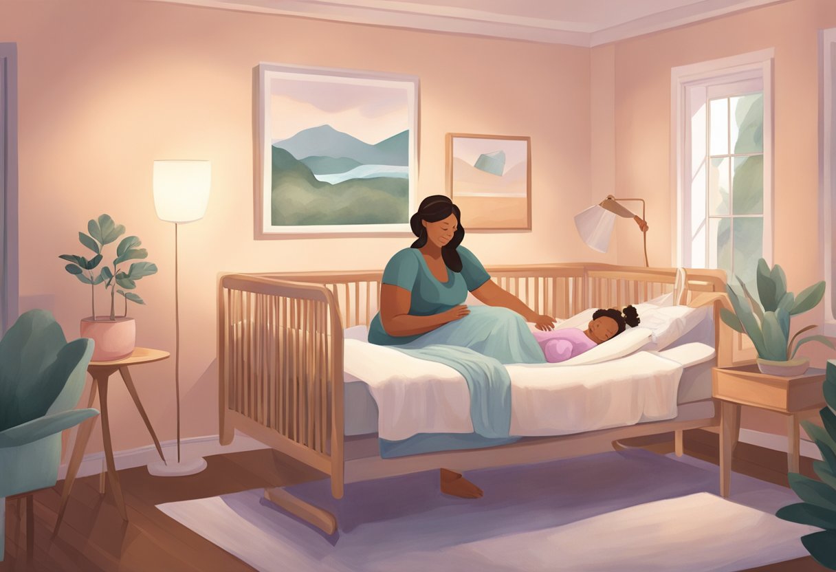 A serene birthing room with a comfortable bed, soft lighting, and a supportive doula guiding a mother through labor