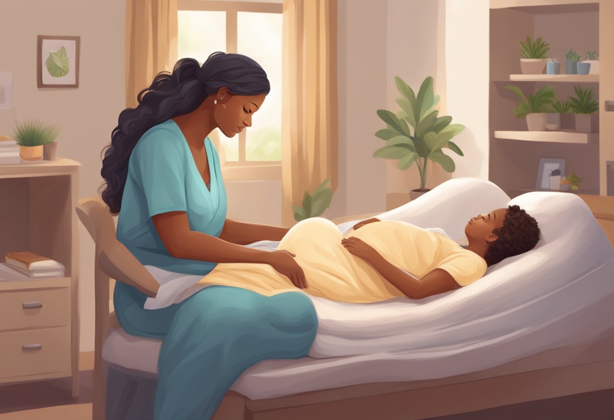 A doula attending a birth, offering support and guidance to the laboring mother, while also providing postpartum care and education to the new parents