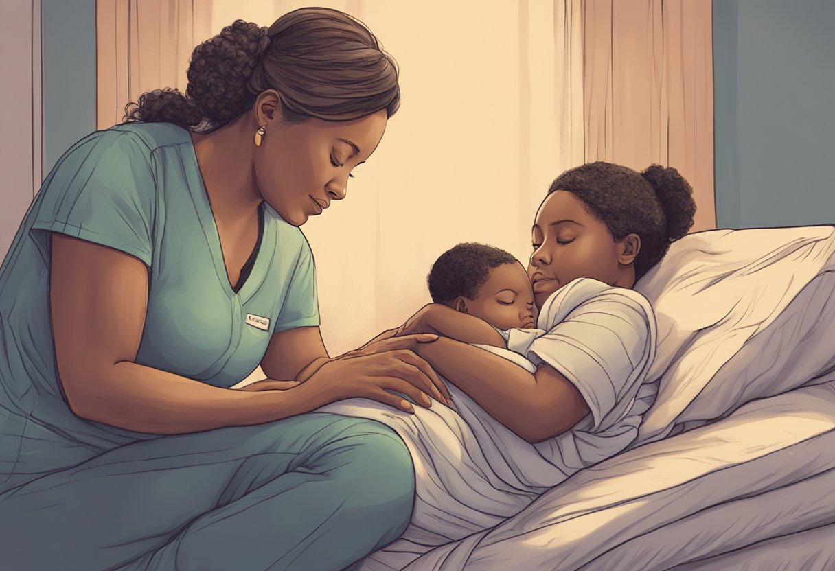 A doula comforting a laboring person with a soothing touch and encouraging words