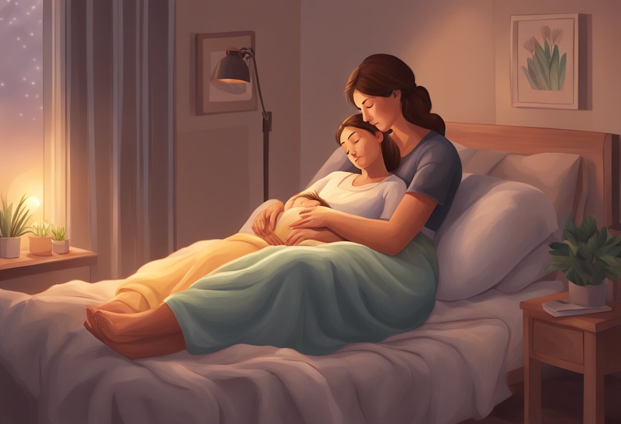 A doula comforting a mother during labor, surrounded by a calming atmosphere with soft lighting and soothing music