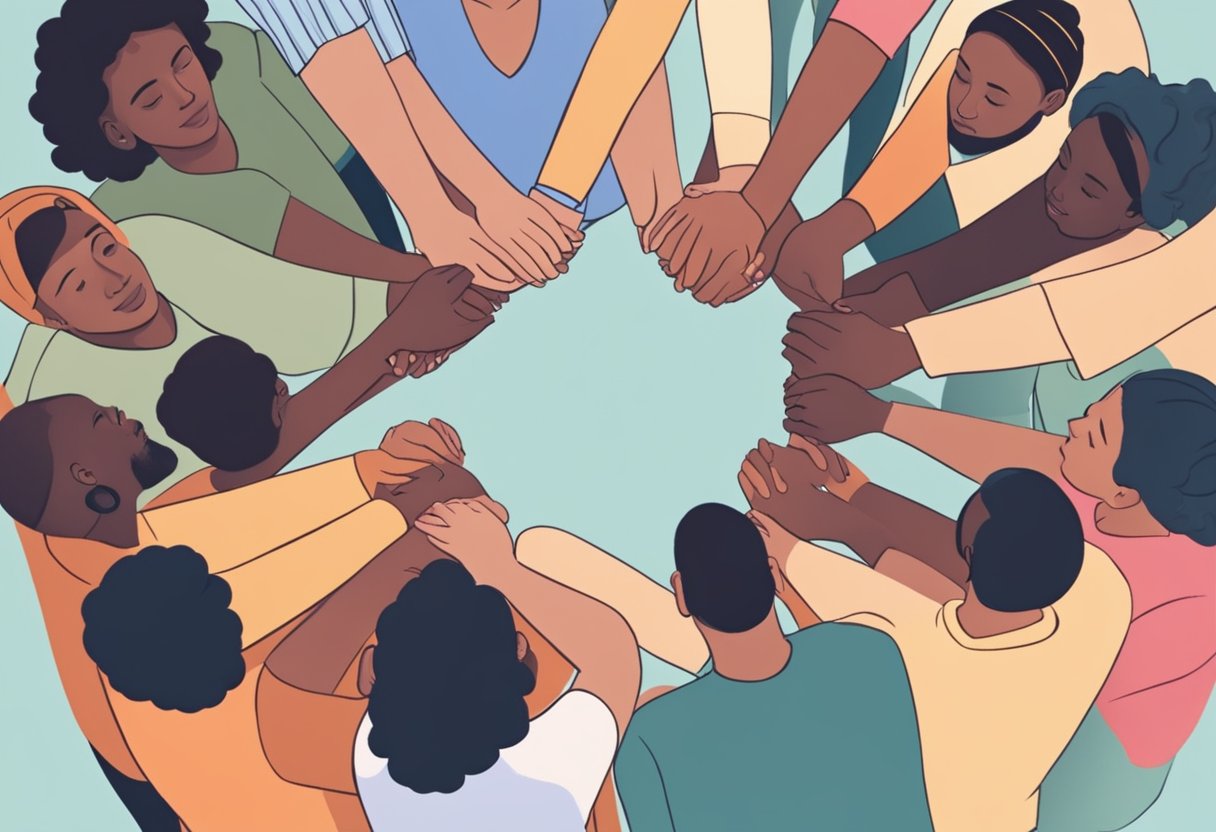 A diverse group of people gather in a circle, holding hands and supporting each other. A doula stands in the center, offering guidance and care