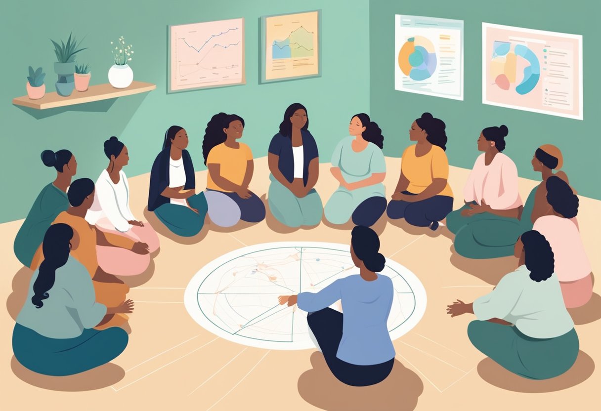 A group of doulas gather in a circle, sharing knowledge and experiences. Charts and diagrams on the wall illustrate birth support and postpartum care