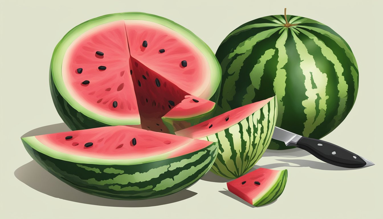 A watermelon cut open, showing deep red flesh with black seeds, surrounded by a vibrant green rind. A knife lies nearby