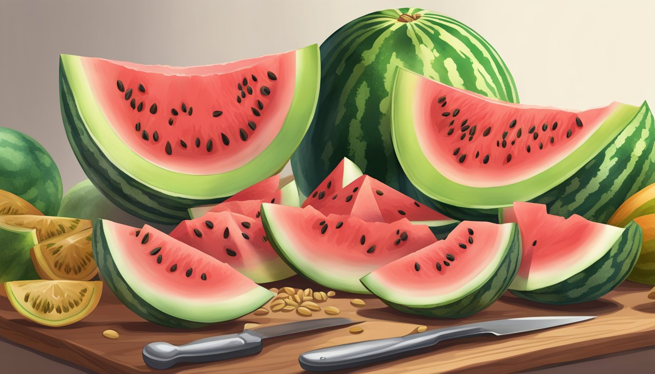 A table with various types of melons cut open, seeds visible. One watermelon is being sliced, revealing the vibrant red flesh