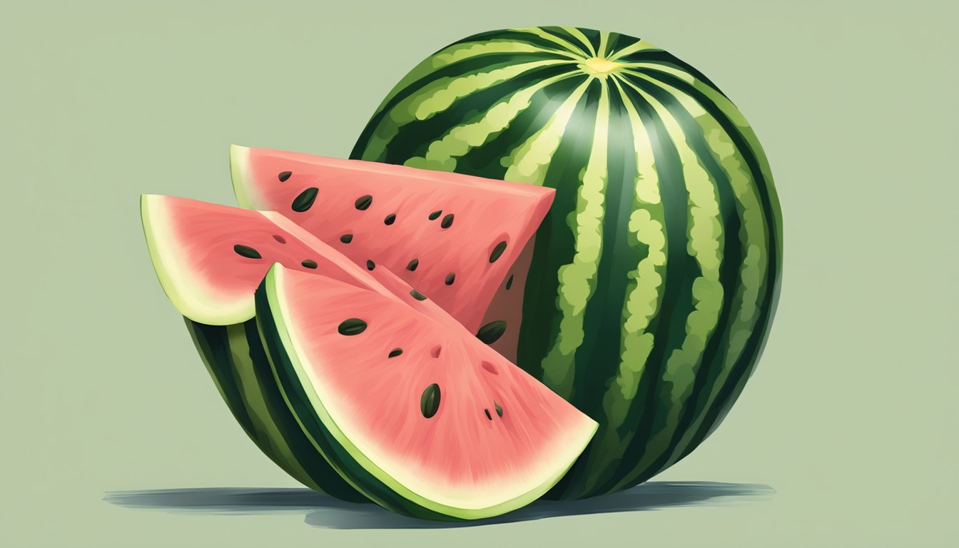 A watermelon with a deep green outer skin, a yellow spot on the bottom, and a hollow sound when tapped