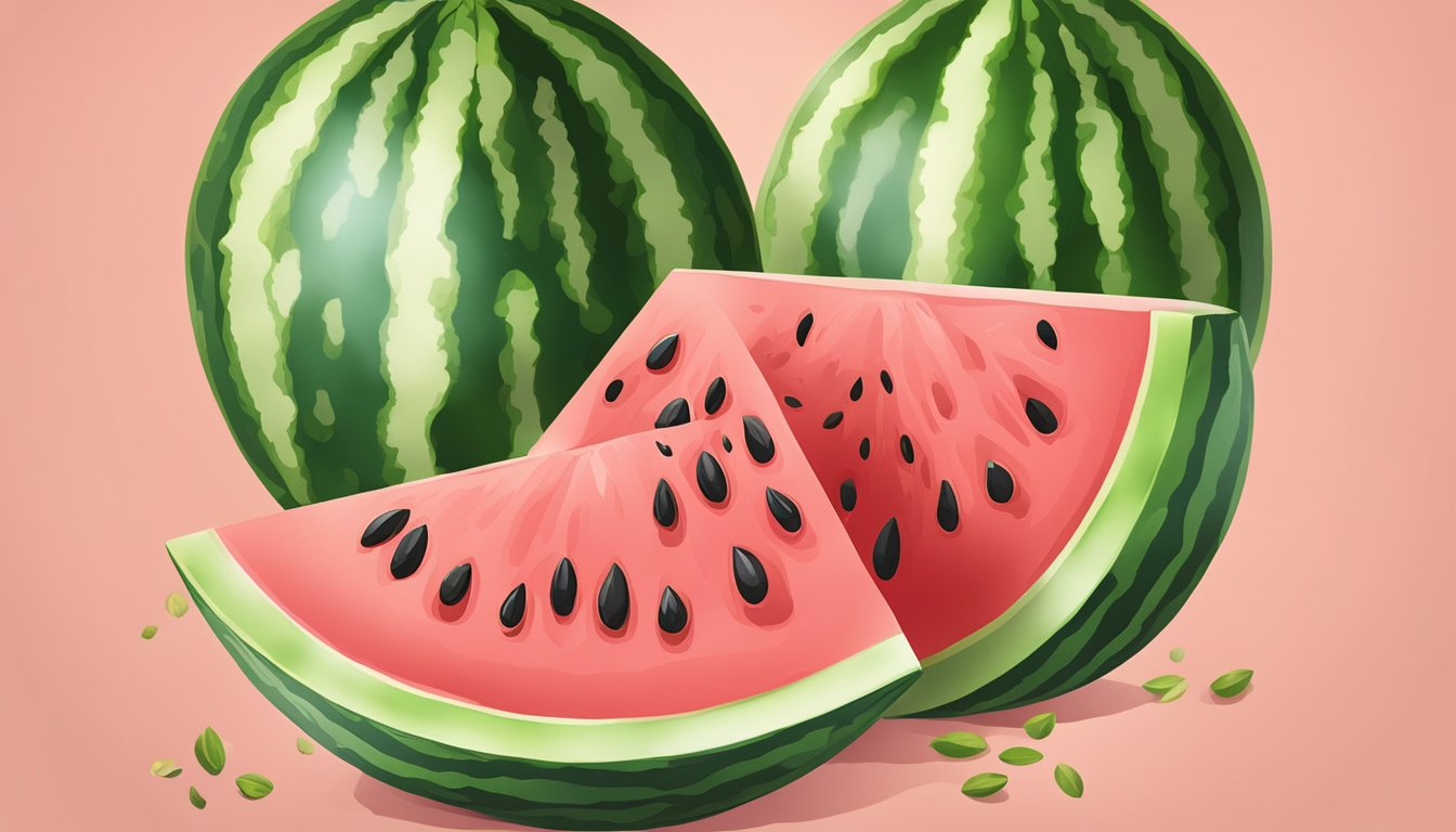 A ripe watermelon being sliced open, revealing juicy red flesh and seeds, with a vibrant green rind