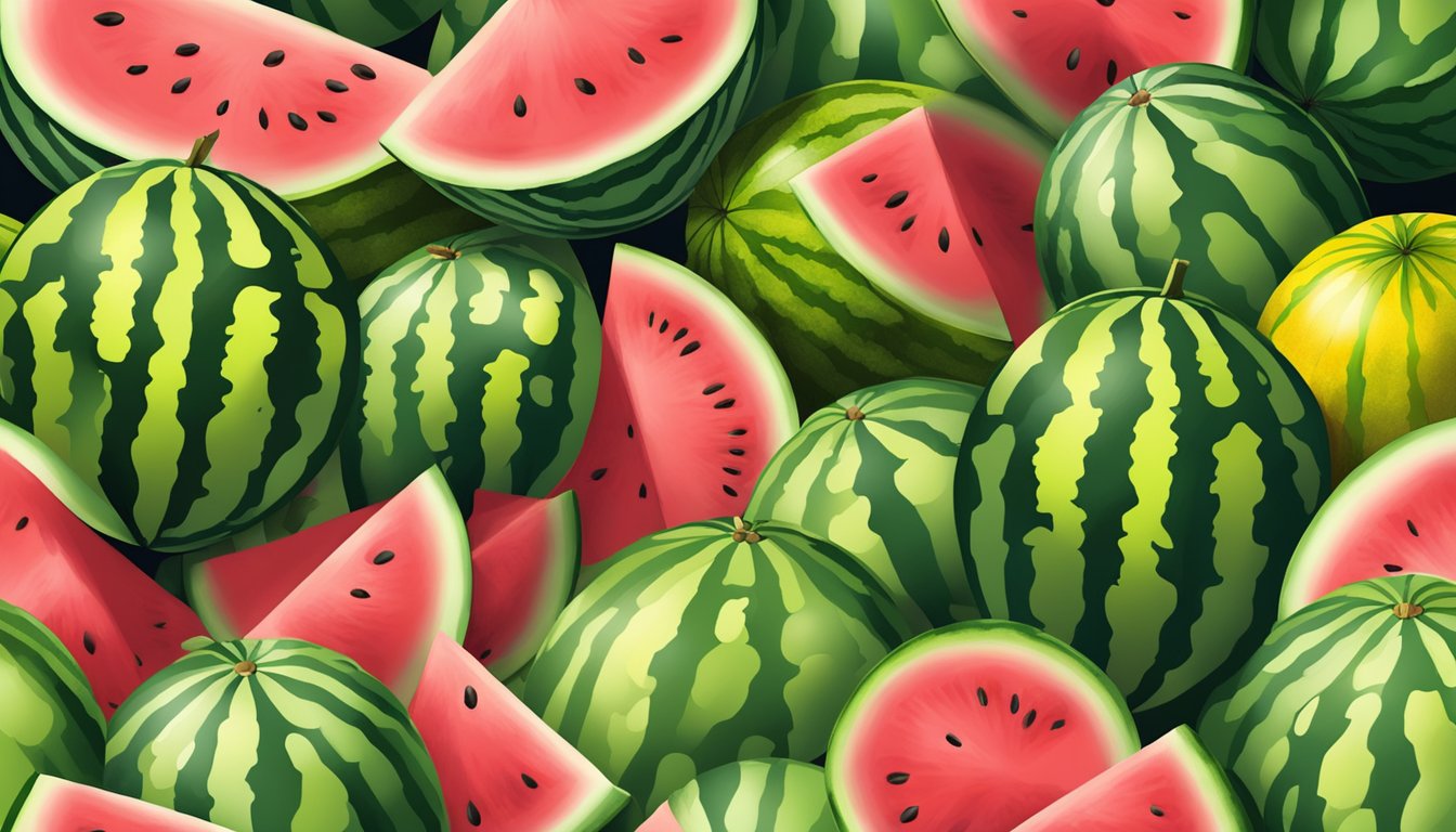 A watermelon patch with ripe, green-striped watermelons of various sizes scattered on the ground, some with yellow spots on the underside