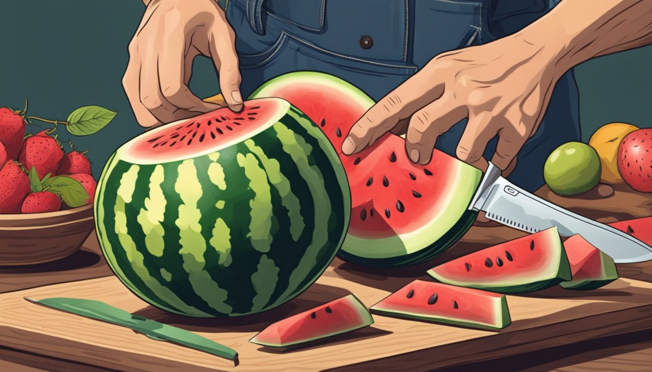 A hand reaching for a ripe watermelon among a pile of fruit, with a knife and cutting board nearby for preparation