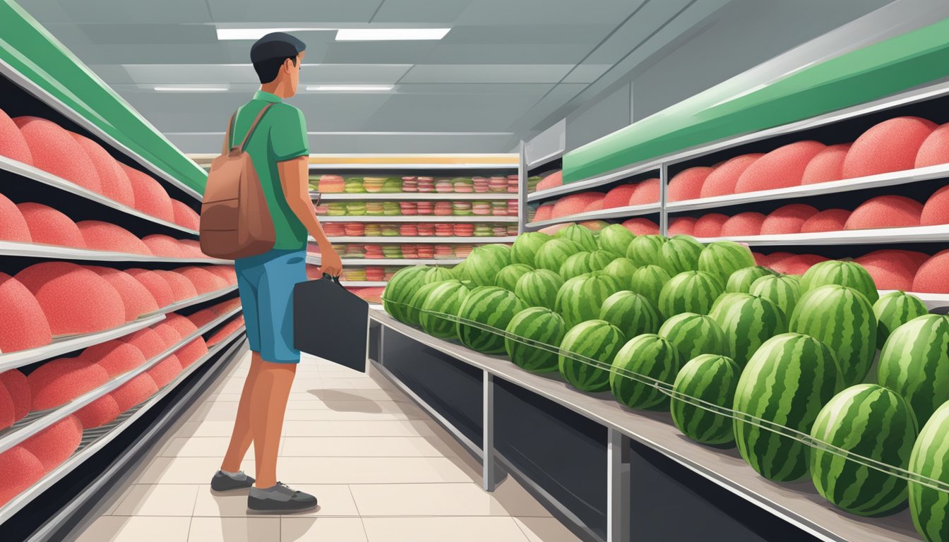 A person selecting a ripe watermelon from a display at a grocery store. The watermelons are arranged in a neat row, with one being lifted up for inspection