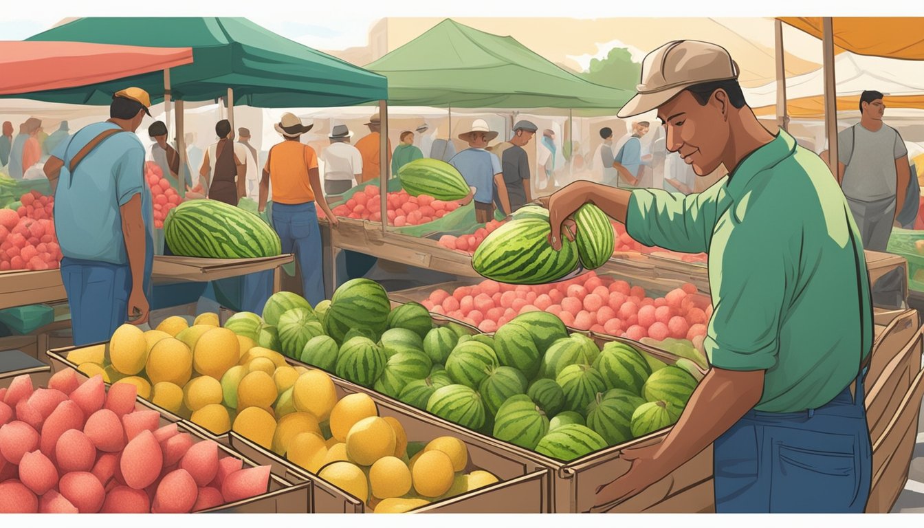 A farmer selecting a ripe watermelon from a vibrant, overflowing crate at a bustling farmers' market