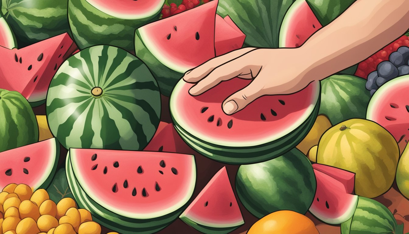 A hand reaching for a ripe, seedless watermelon among a pile of fresh produce at a farmer's market