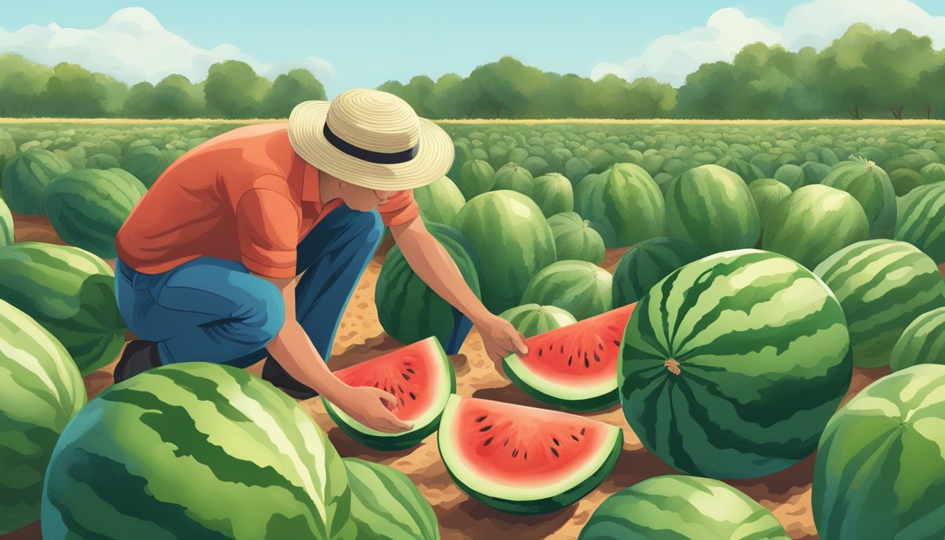 A person examining a watermelon in a field, surrounded by various watermelons. They are carefully inspecting the skin and tapping the fruit to determine its ripeness