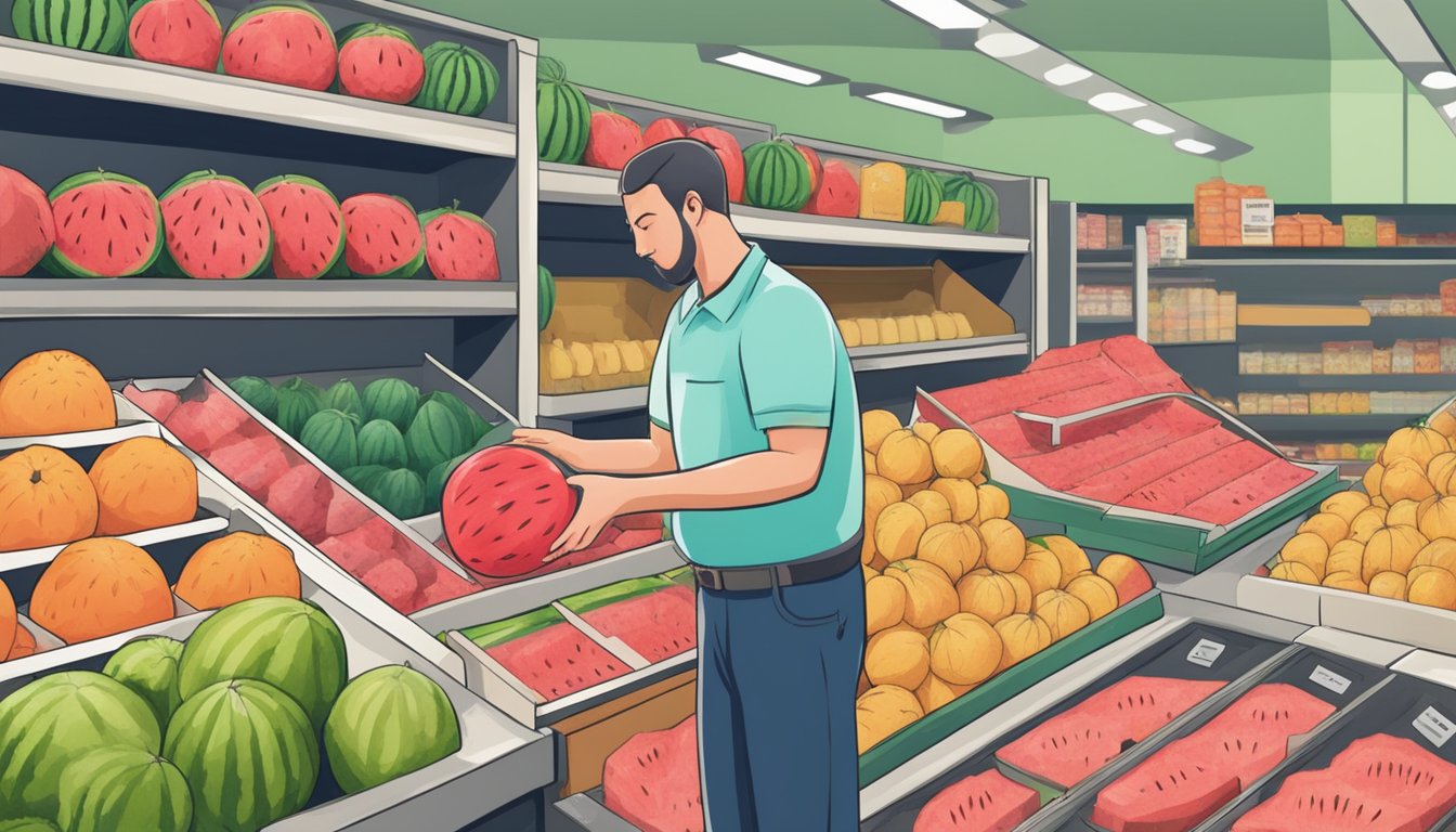 A person tapping and hefting watermelons at a grocery store to assess their weight and sound