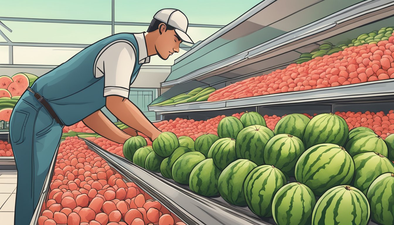 A hand selecting a ripe, seedless watermelon from a pile at a grocery store. The watermelons are neatly arranged on a display table