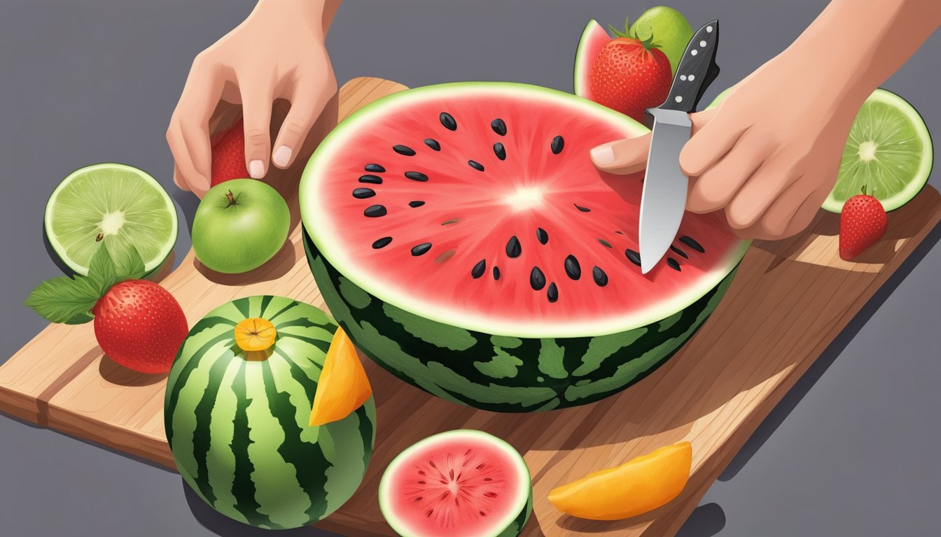 A hand reaching for a ripe watermelon, surrounded by a variety of colorful fruits and a cutting board with a knife