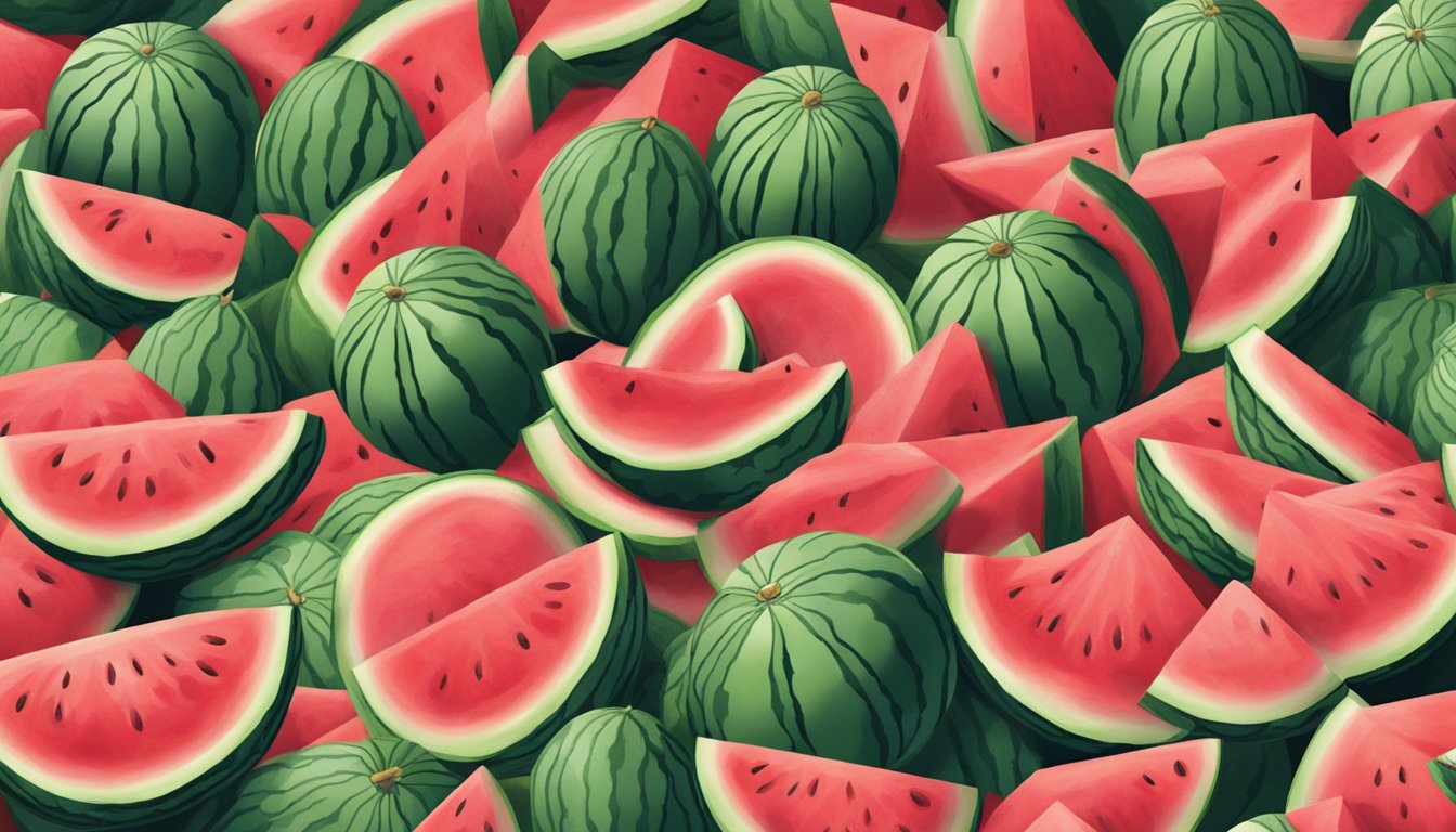 A hand reaching for a ripe, seedless watermelon among a pile of various melons at a grocery store. The watermelon is being thumped for ripeness