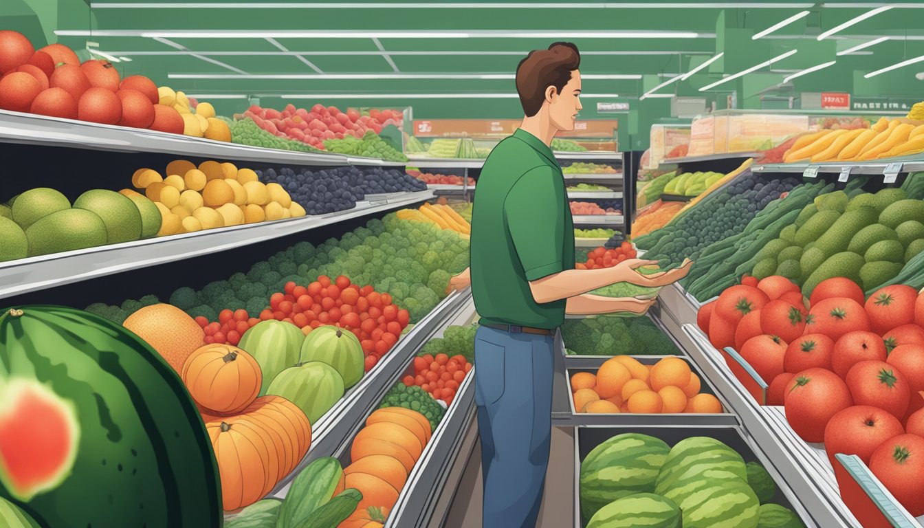 A hand reaching for a ripe, dark green seedless watermelon in a grocery store produce section, surrounded by other fruits and vegetables