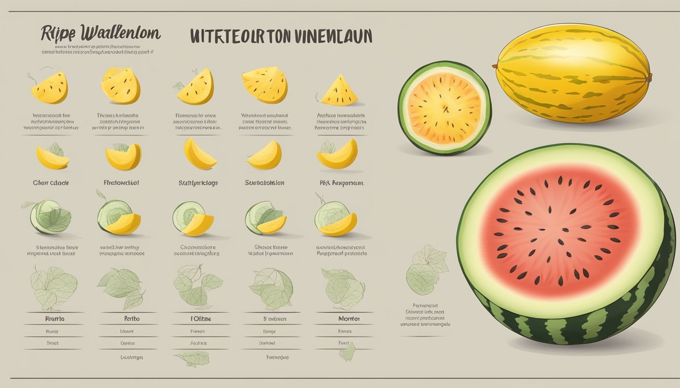 A watermelon with yellow spots and a dull rind sits next to a chart showing how to choose a ripe watermelon