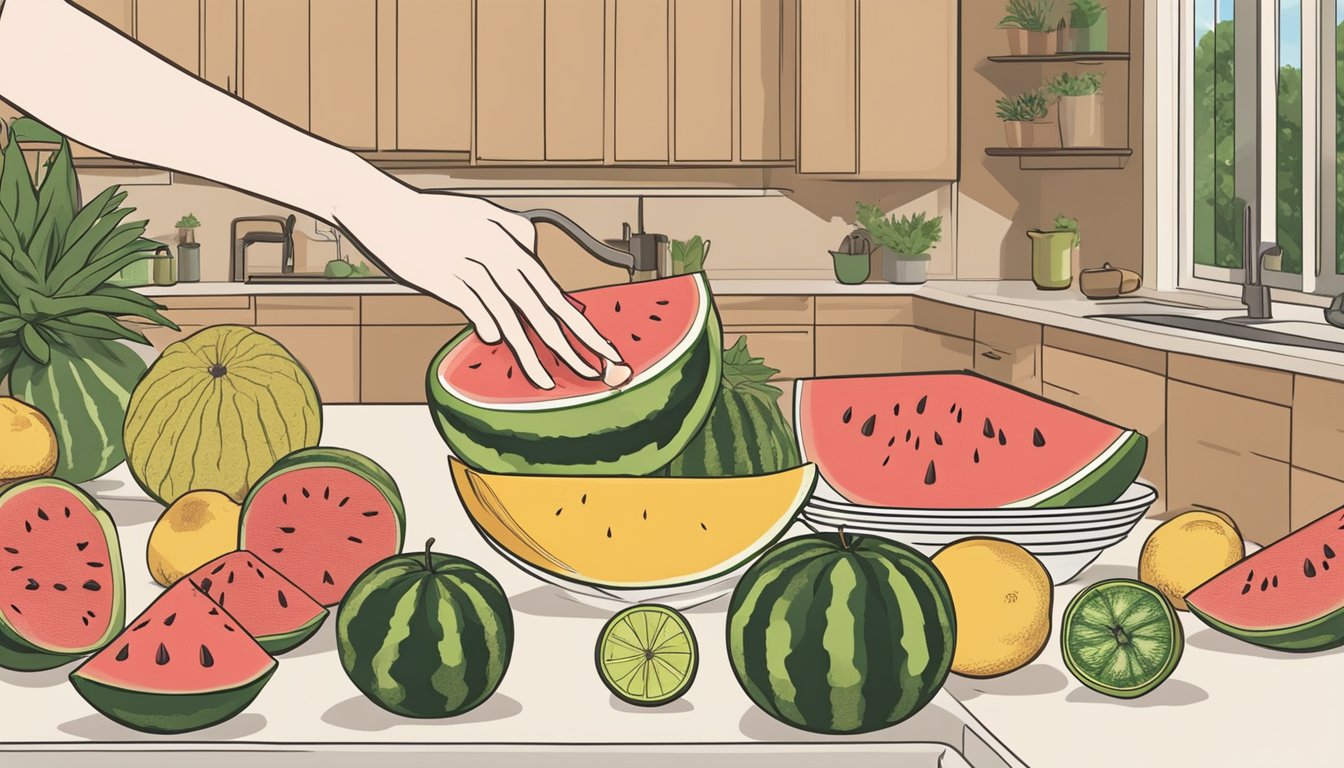 A hand reaching for a watermelon among various fruits on a kitchen counter, with a chart showing how to pick a ripe watermelon displayed nearby