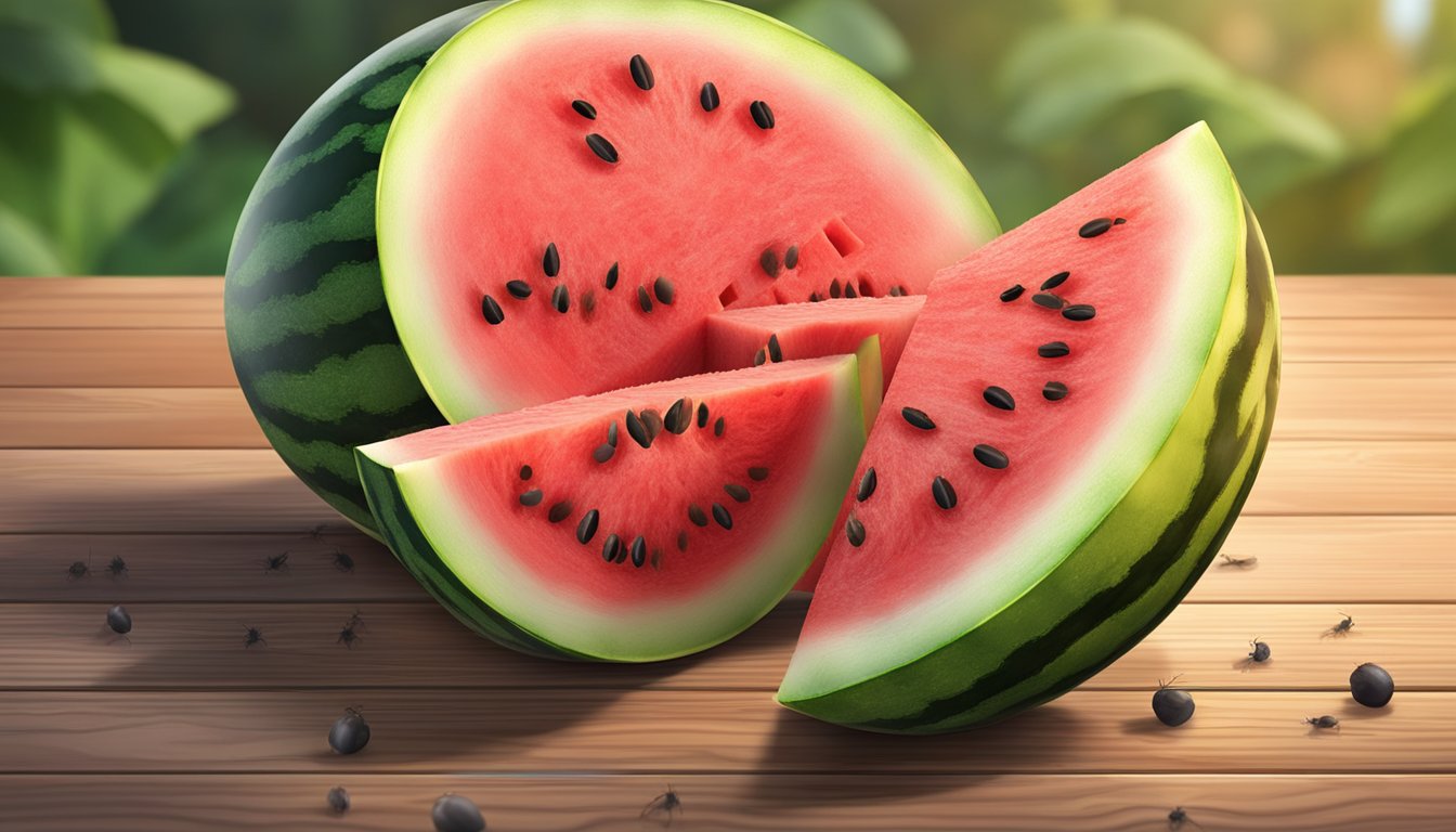 An overripe watermelon split open on a wooden table, surrounded by flies and emitting a strong, sweet odor