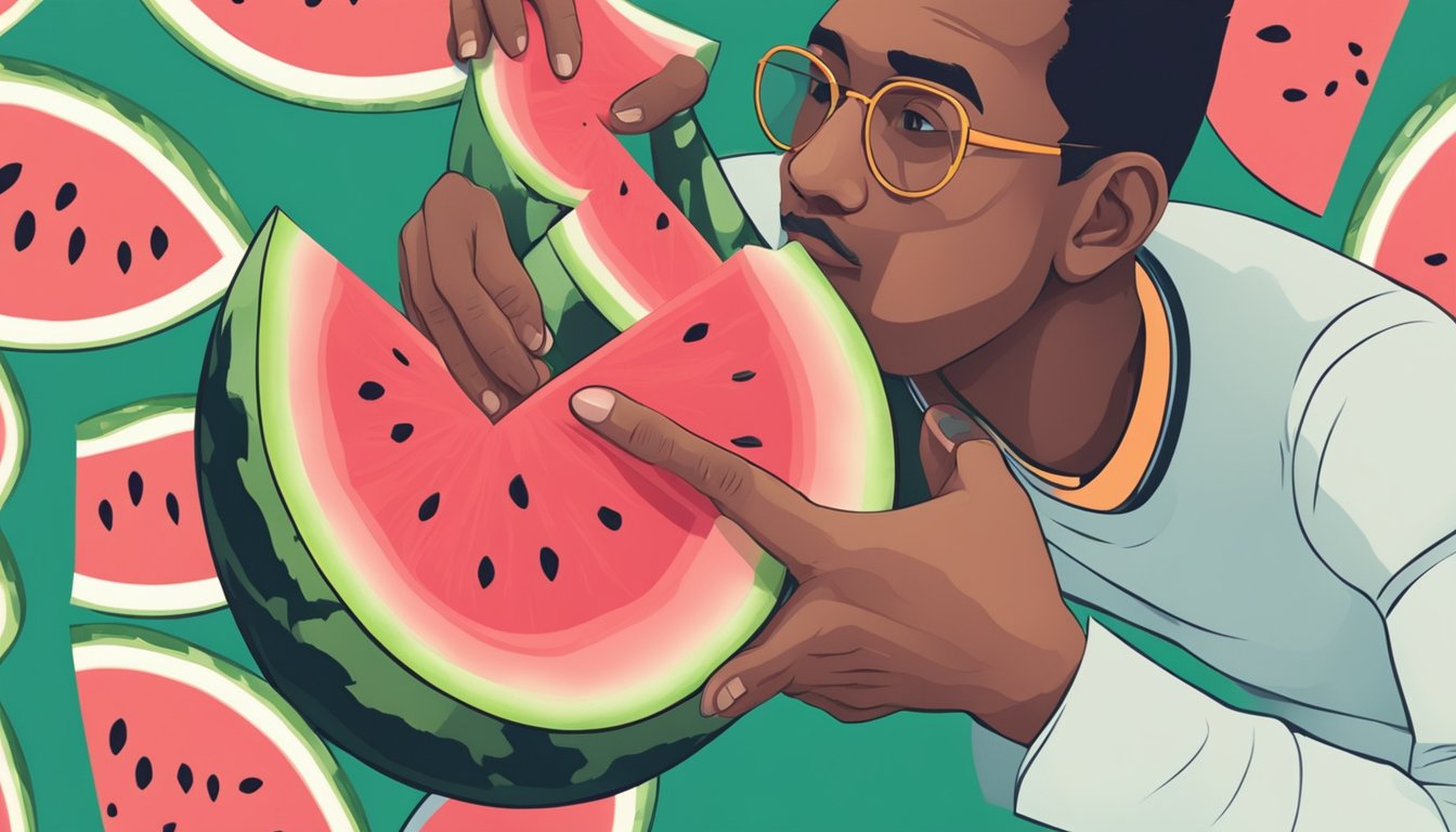 A person holding a large, ripe watermelon in one hand and tapping it with their other hand, listening for a hollow sound