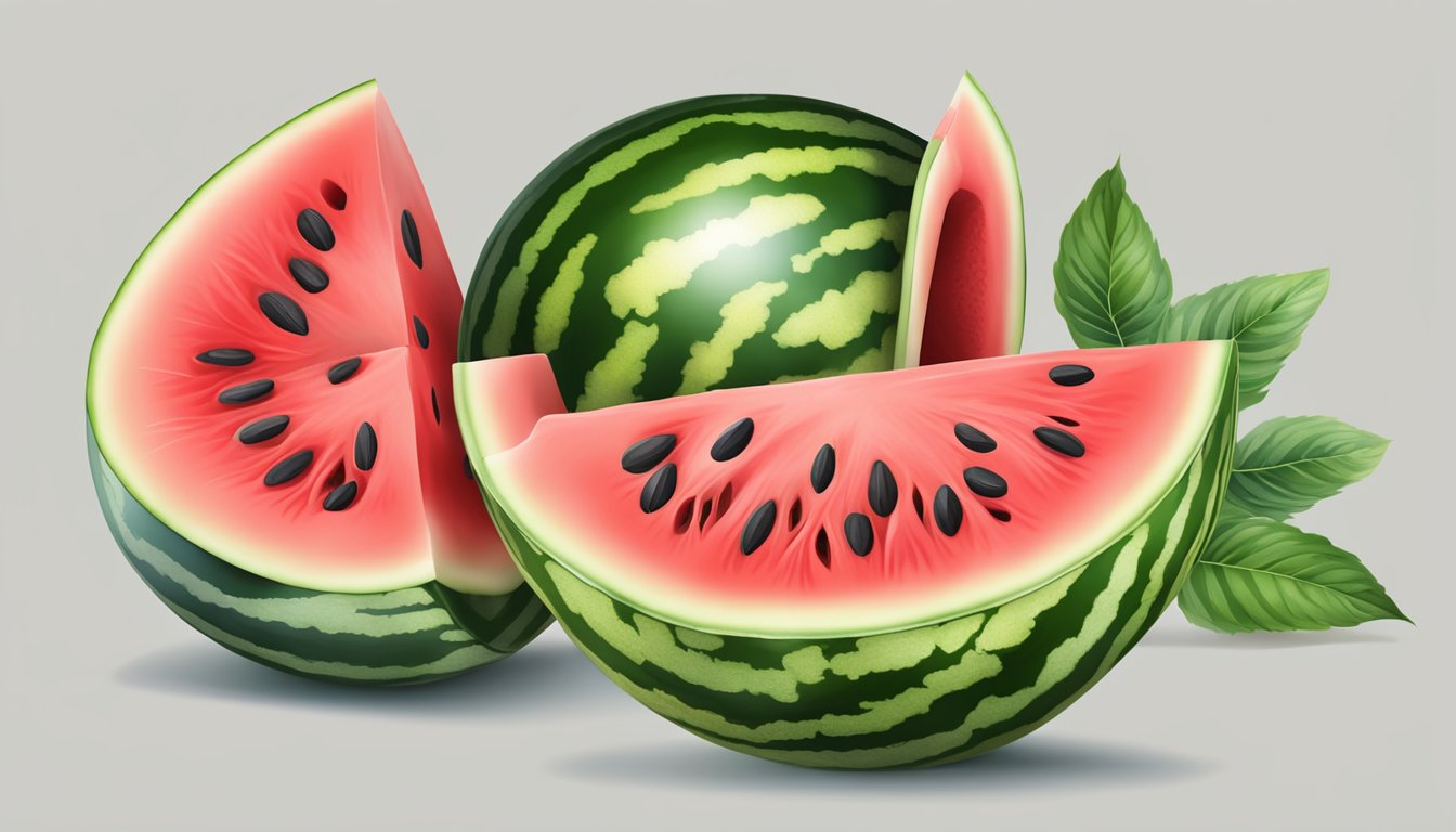 A watermelon sliced open, revealing bright red flesh and seeds, with a sweet aroma emanating from the fruit