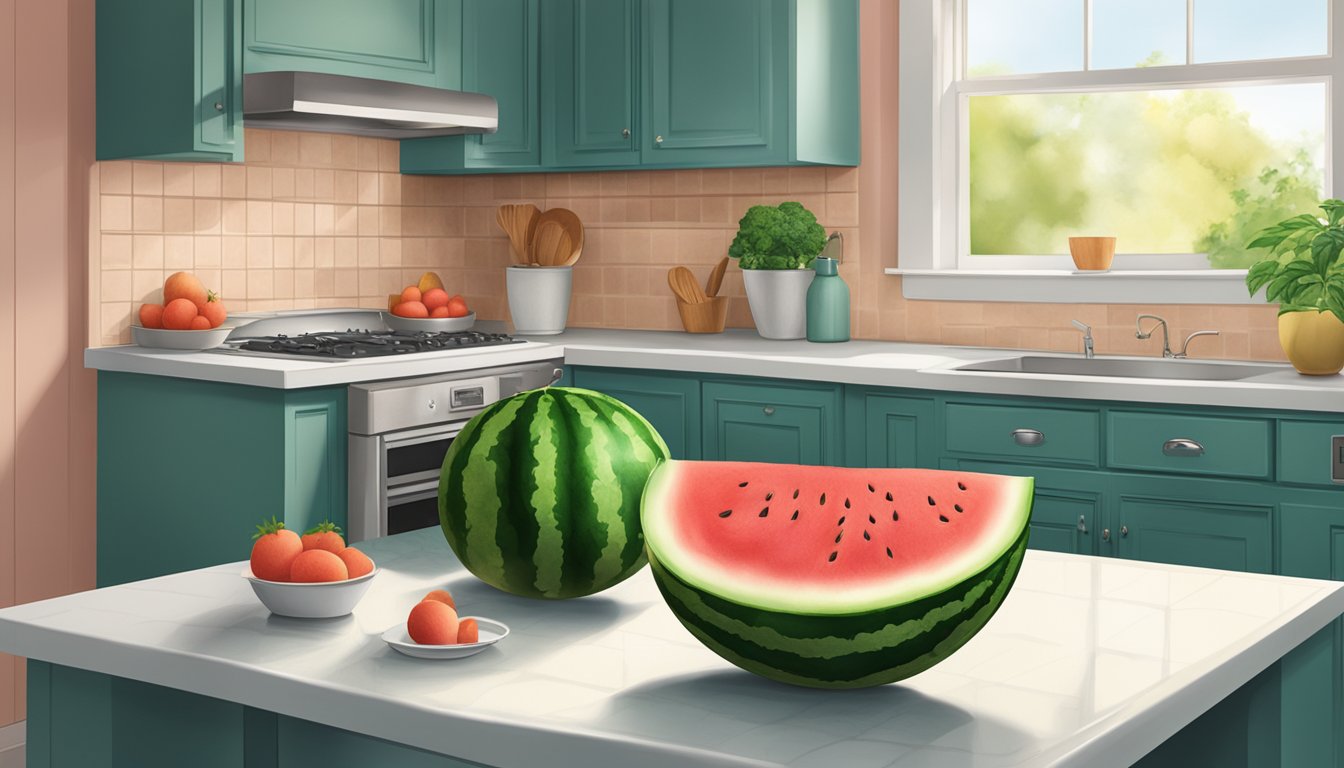 A watermelon sitting on a kitchen counter, surrounded by a cool, dry environment