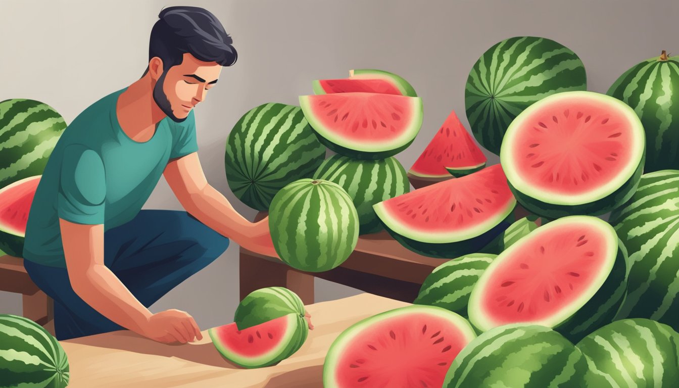 A person selecting a watermelon from a pile, tapping and inspecting for ripeness