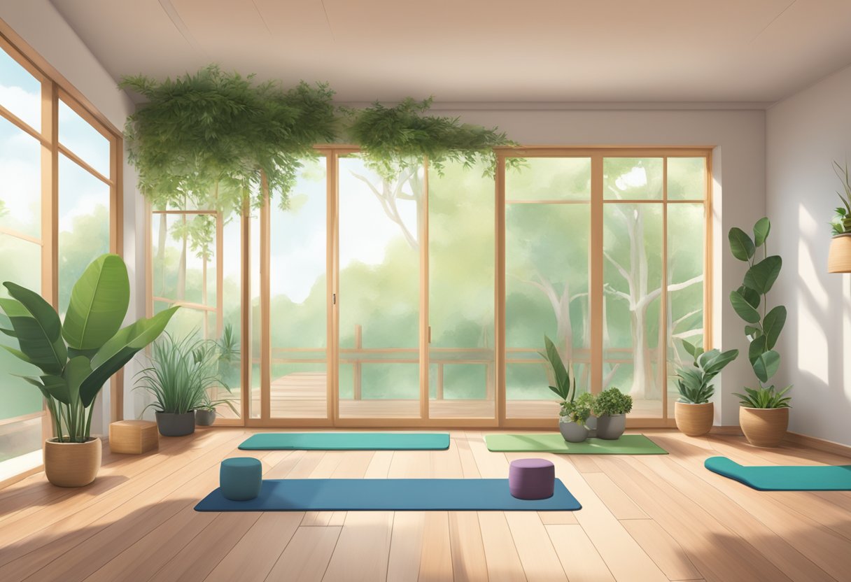 A serene yoga studio with mats and props, surrounded by greenery and natural light