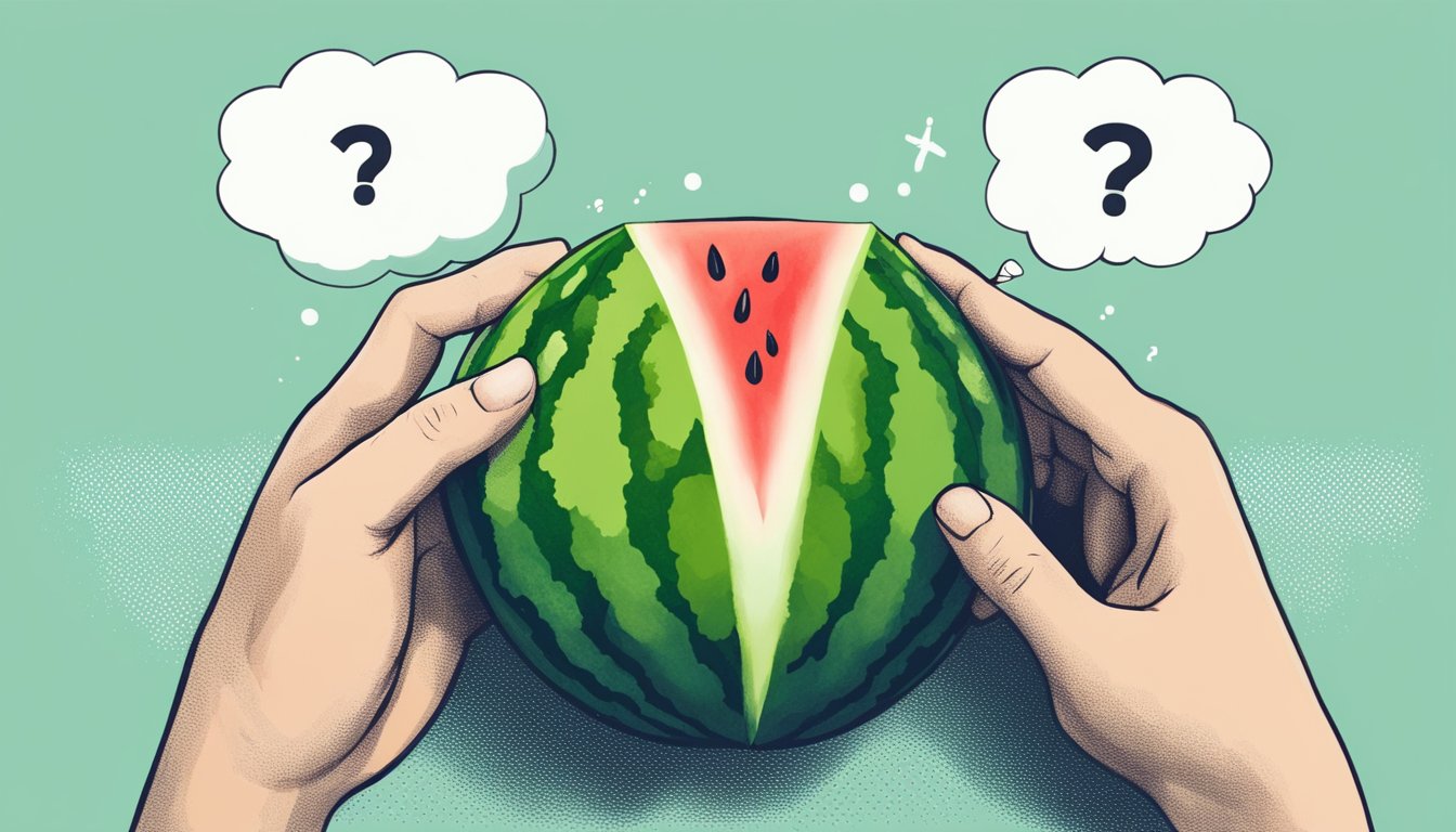 A hand holding a watermelon, tapping it with the other hand's knuckles. A thought bubble with a question mark hovers above the watermelon