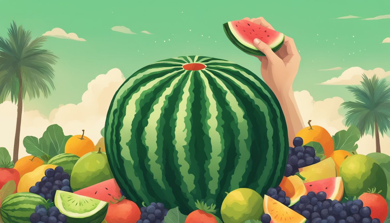 A hand reaching for a perfectly round, dark green watermelon in a pile of fruits, with a sign reading "seedless" in the background