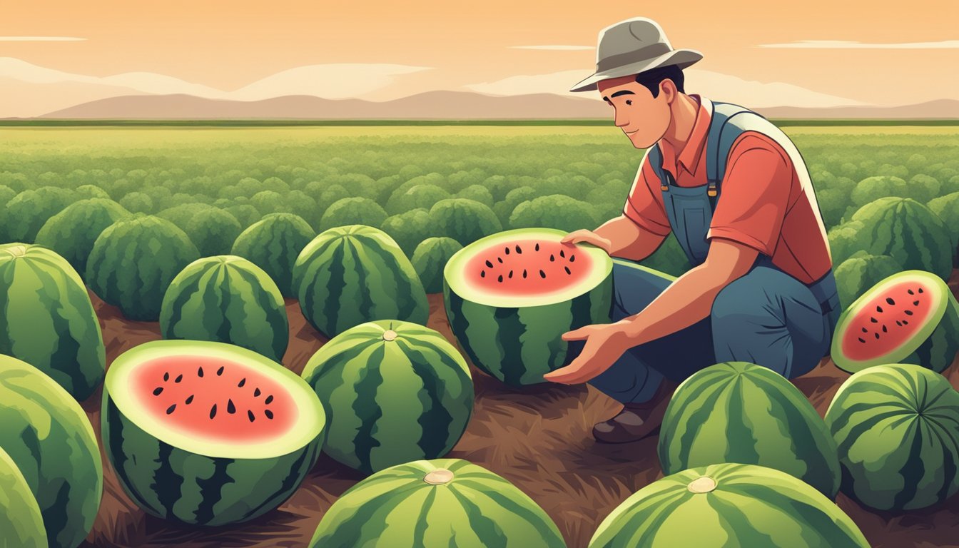 A farmer inspecting watermelons in a field, comparing sizes and shapes, looking for the perfect sweet one to pick