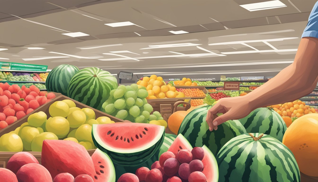 A hand reaching for a ripe, seedless watermelon among a pile of other fruits at a grocery store