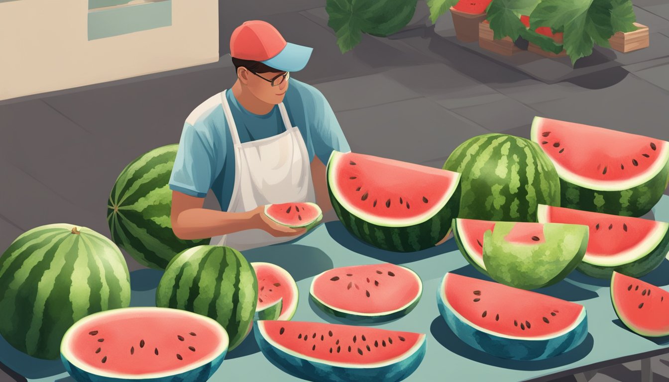 A person tapping on a watermelon to test its ripeness, with a variety of watermelons displayed on a table or at a market