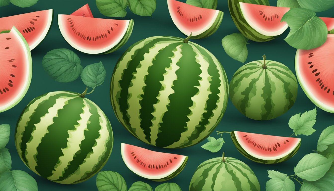 A variety of watermelons arranged on a chart with labels, surrounded by leaves and vines