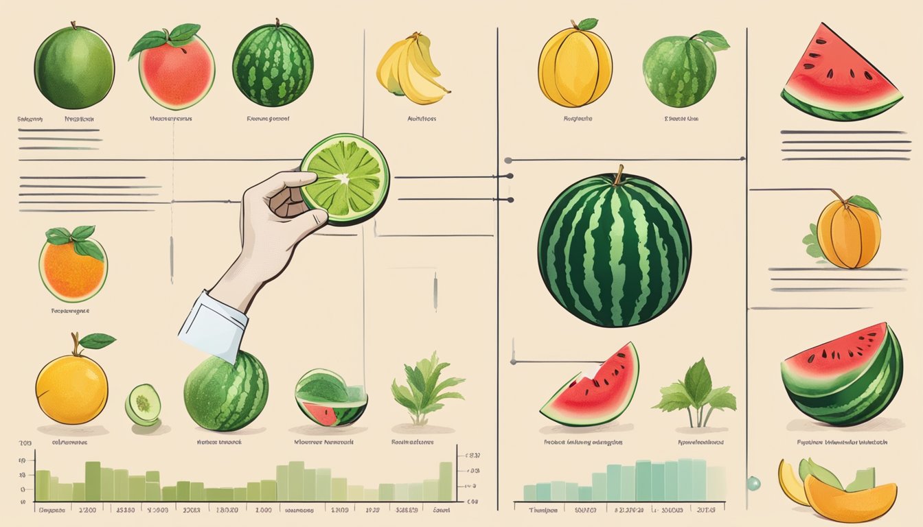 A hand reaching for a watermelon, surrounded by various fruits and a chart showing ripeness indicators