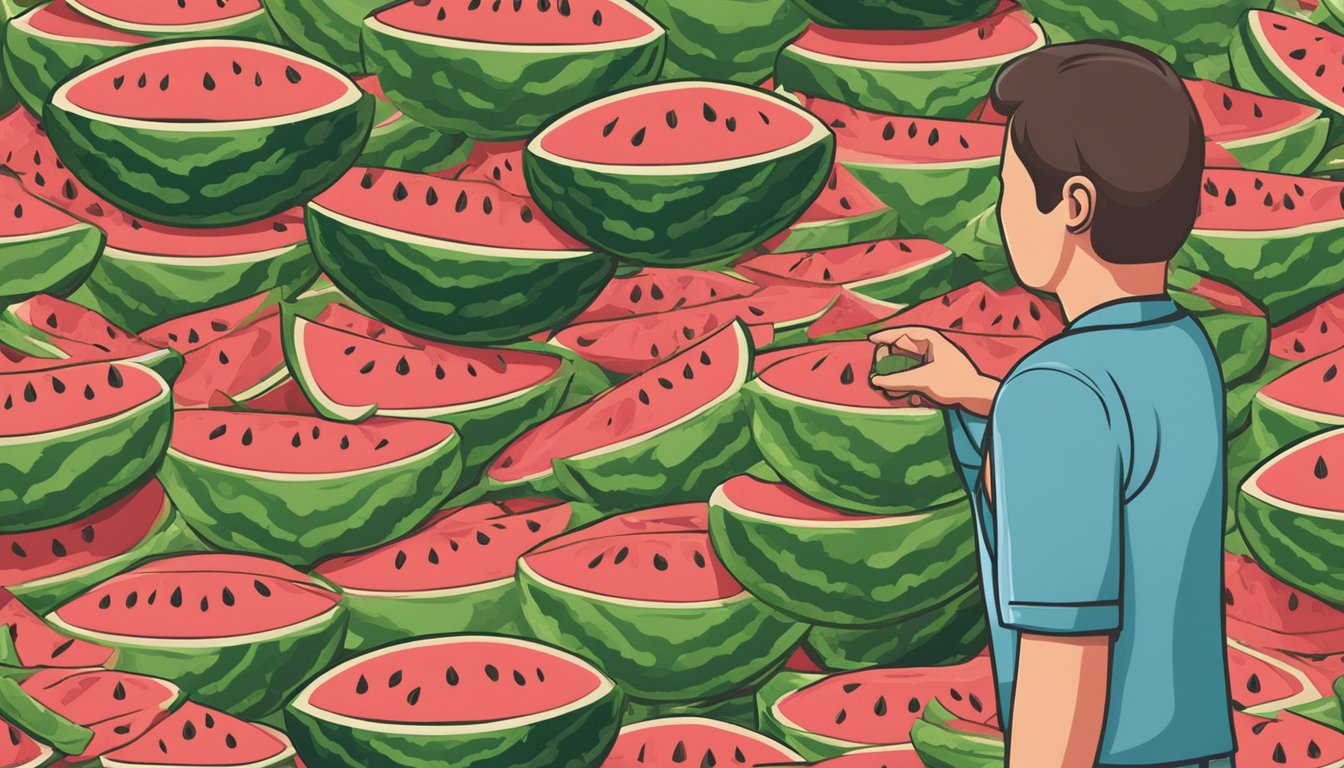 A person selecting a ripe watermelon from a display at a grocery store. The watermelons are arranged in a pile, with one being lifted for inspection