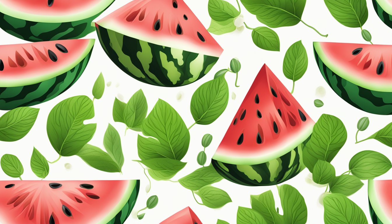 A watermelon sliced open with juicy, vibrant red flesh and a sweet aroma, surrounded by green vines and leaves