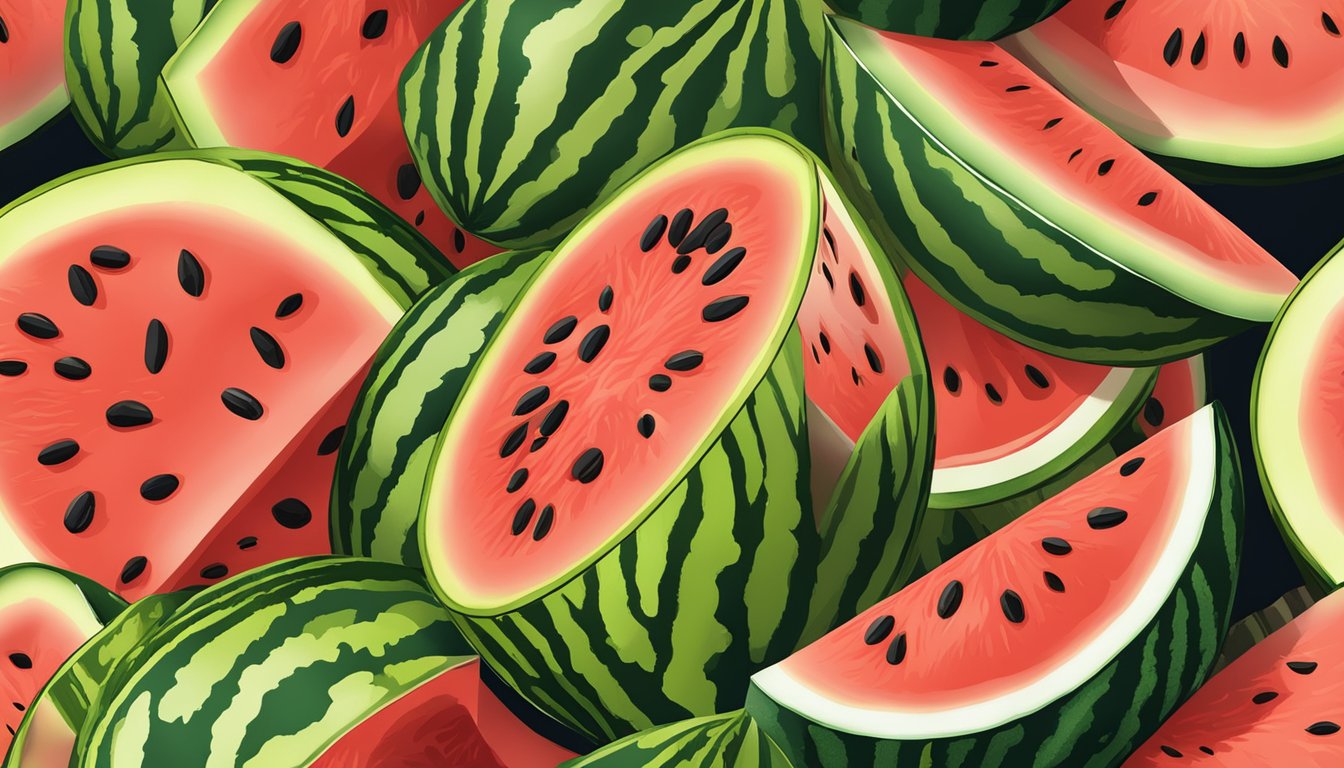 A watermelon with a vibrant green rind, contrasting with a golden yellow spot on the underside. The melon is cut open, revealing juicy, bright red flesh with black seeds