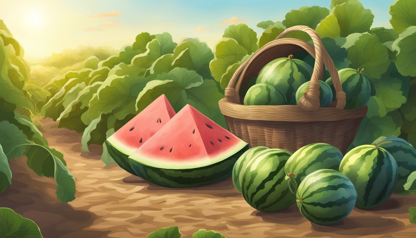 A watermelon patch under the sun, with ripe fruits ready to be picked. A farmer's hat lies on the ground beside a basket filled with freshly harvested sweet watermelons