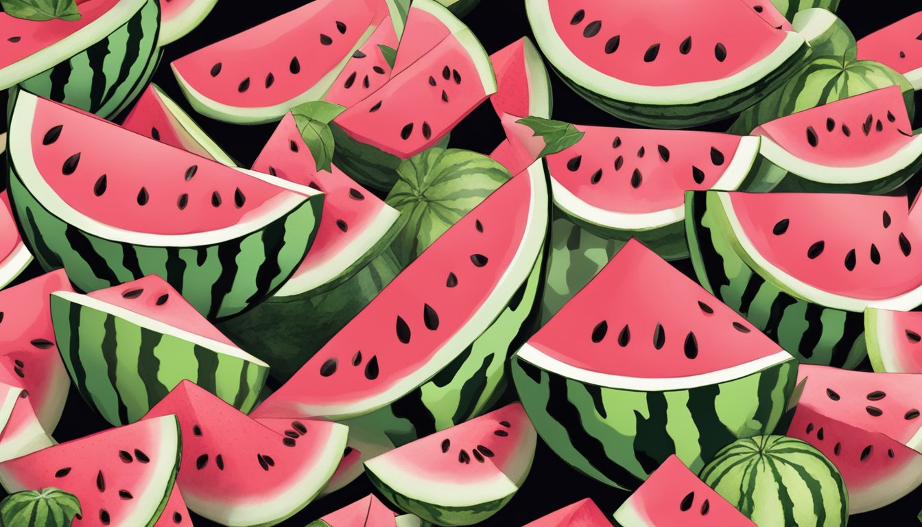 A variety of watermelons displayed on a table, some cut open to reveal the vibrant pink flesh and black seeds. A person holding a watermelon, tapping and inspecting it