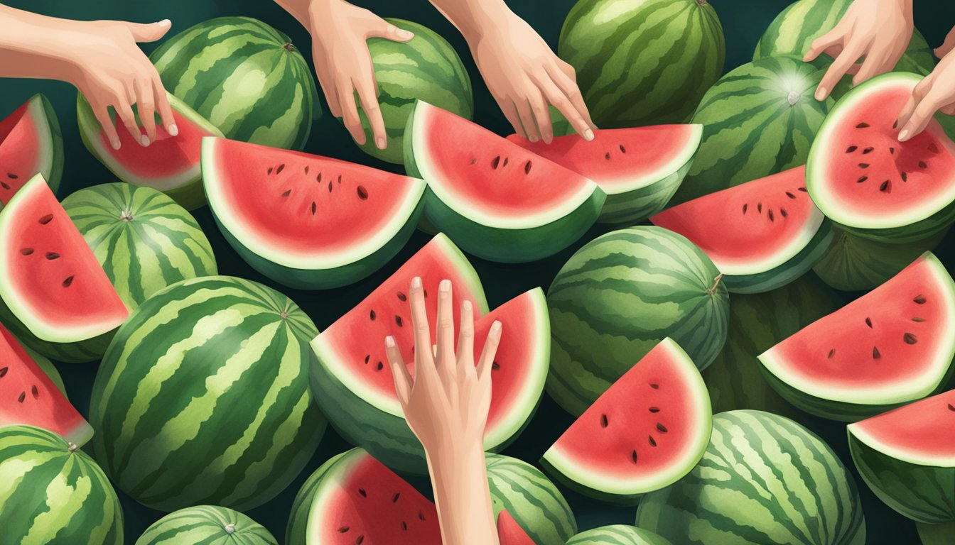 A hand reaching out to tap a watermelon, surrounded by other watermelons in a market setting