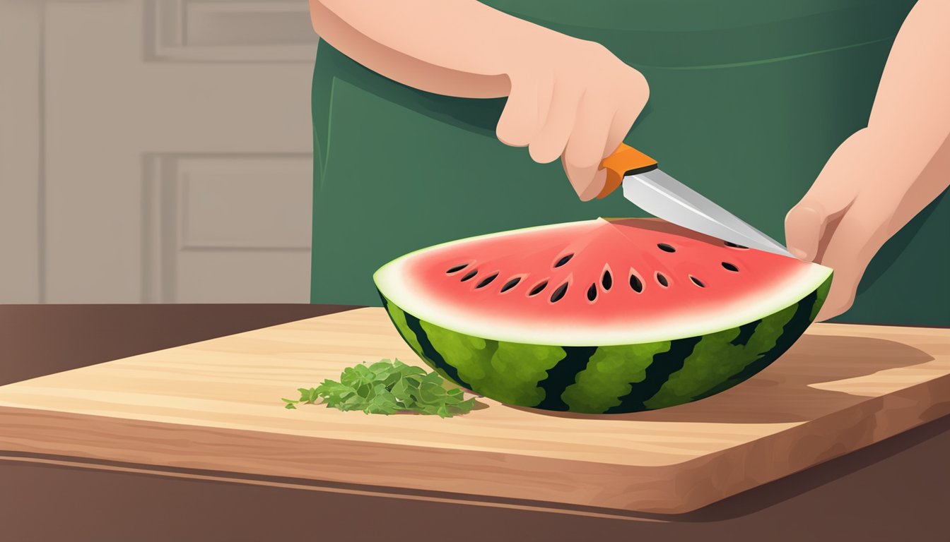 A person cutting open a seedless watermelon with a knife on a cutting board