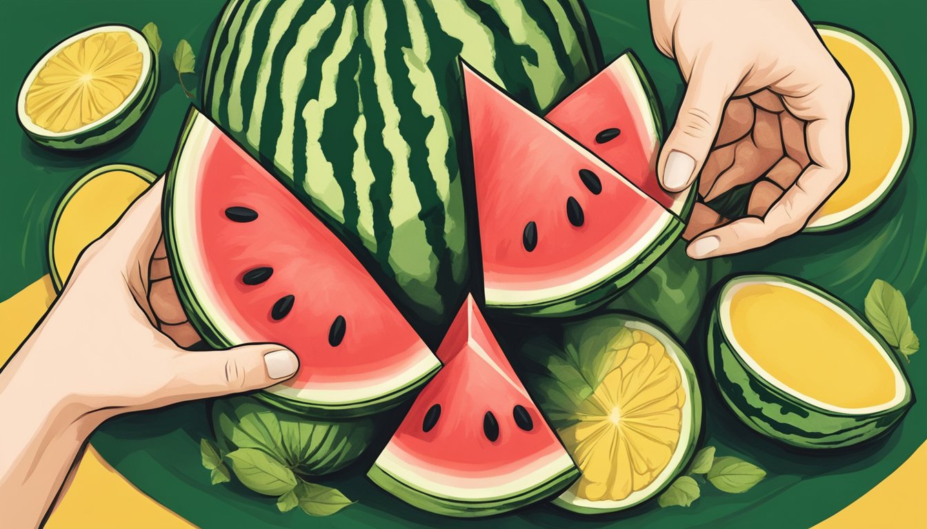 A hand reaching for a large, symmetrical watermelon with a deep green color and a creamy yellow spot on the bottom