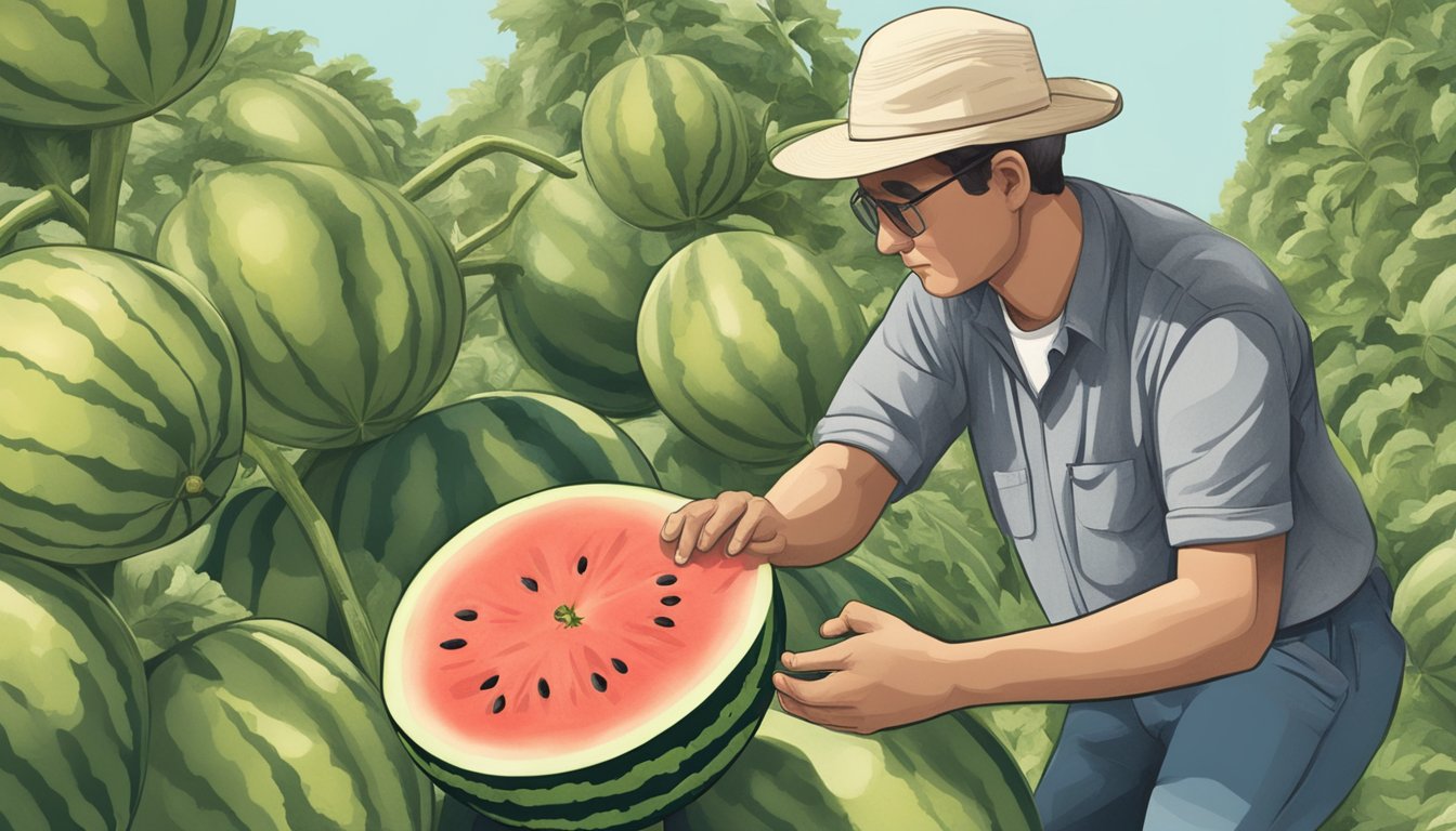 A person tapping and thumping a watermelon to check for ripeness