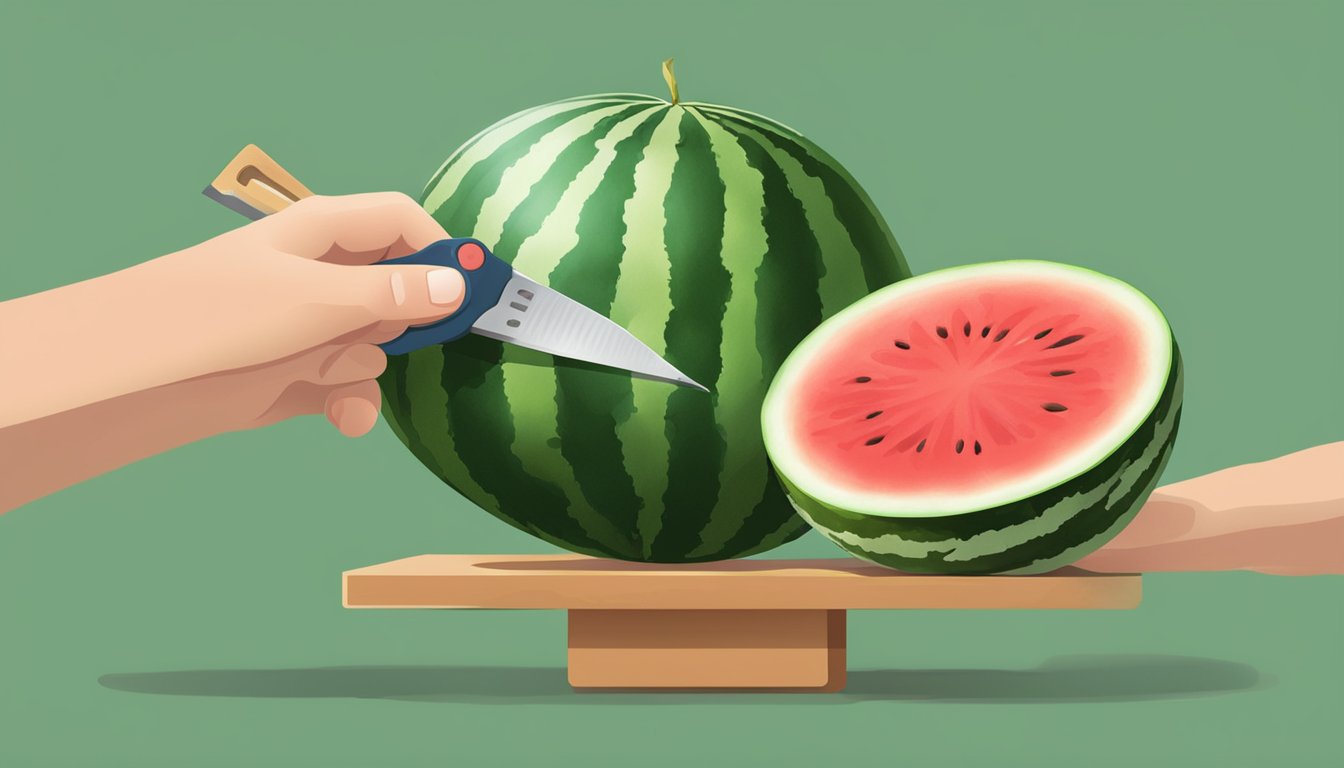 A hand holding a watermelon, cutting it open, and using a tool to measure its water content and weight