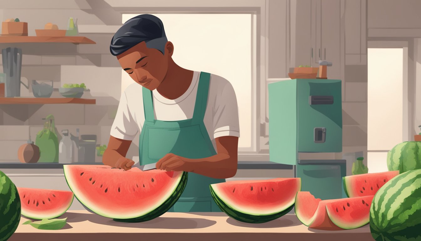 A person cutting open a watermelon and inspecting the flesh for ripeness